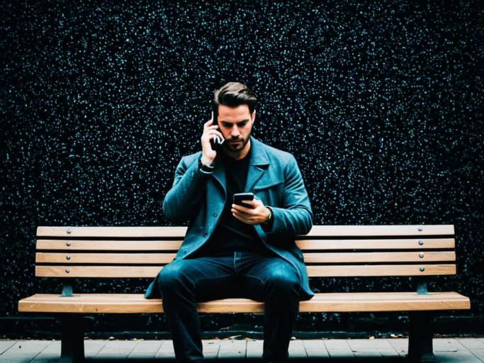 Man on Bench with Cell Phone Wallpaper