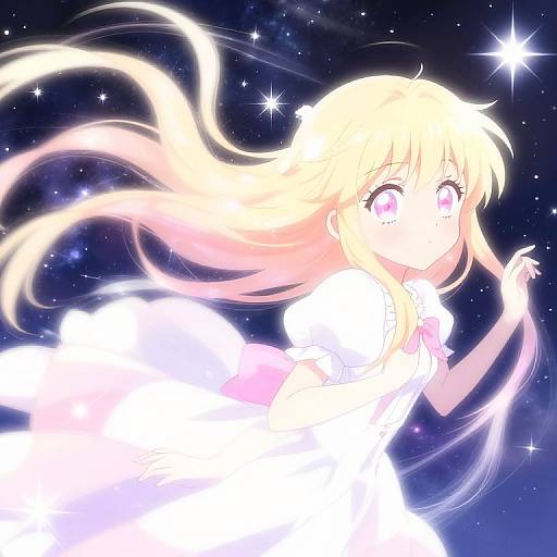 Anime-style digital illustration of a blonde girl with glowing pink eyes, floating in a starry night sky, wearing a white dress.