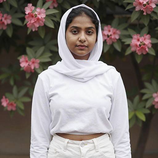 Photograph of a young South Asian woman with dark hair, wearing a white hooded crop top and white pants, standing in front of pink flowers and