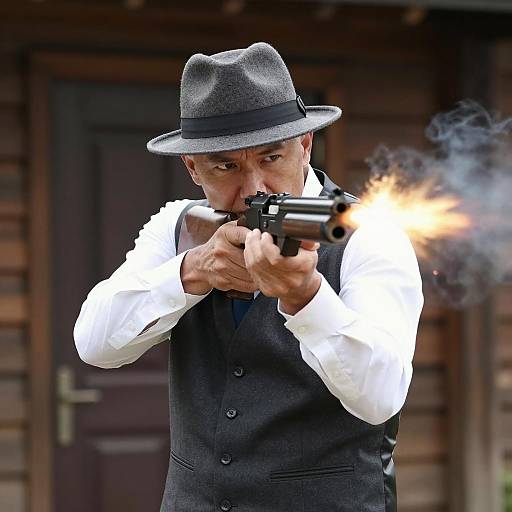 Man Firing Shotgun Outdoors