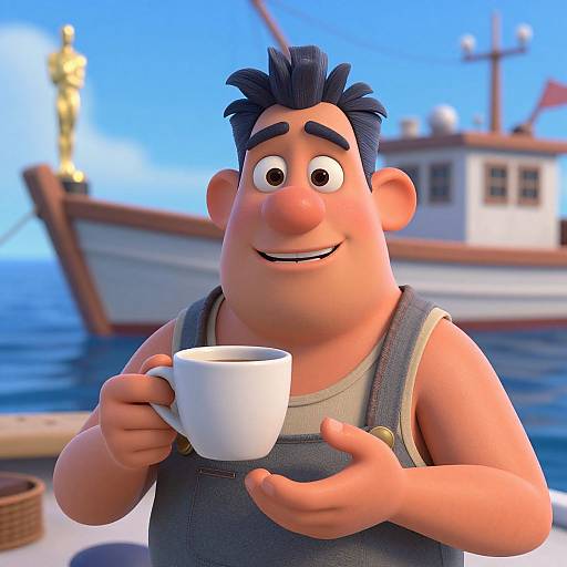 CGI image of a smiling, chubby, blue-haired man in gray overalls holding a white cup, with a boat in the blue sky background.