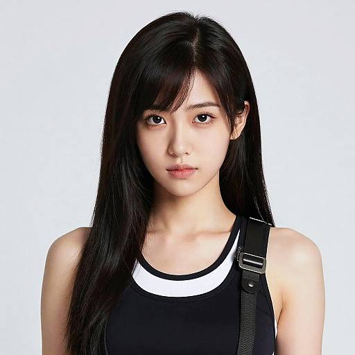 Photograph of an Asian woman with long black hair, wearing a black tank top with a white neckline, against a plain white background.