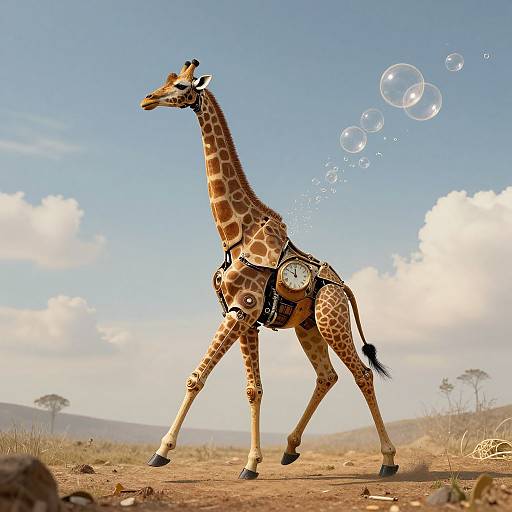 Photograph of a giraffe wearing a clock and bubble-blowing harness, walking in a sunny savanna with clear blue sky and distant trees.