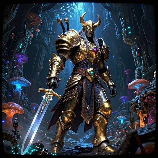 Digital fantasy artwork of a horned armored warrior with glowing sword, standing in a mystical forest of glowing mushrooms under blue light.