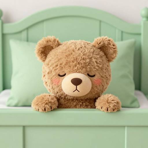 Adorable Teddy Bear on Green Bed