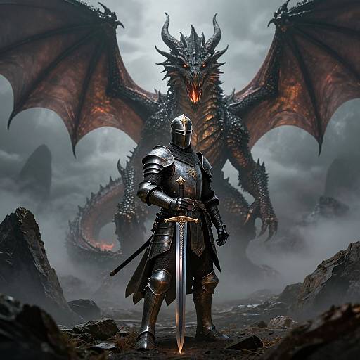 Digital art: armored knight with glowing sword stands before massive, fiery-eyed black dragon with red wings in misty, rocky landscape.