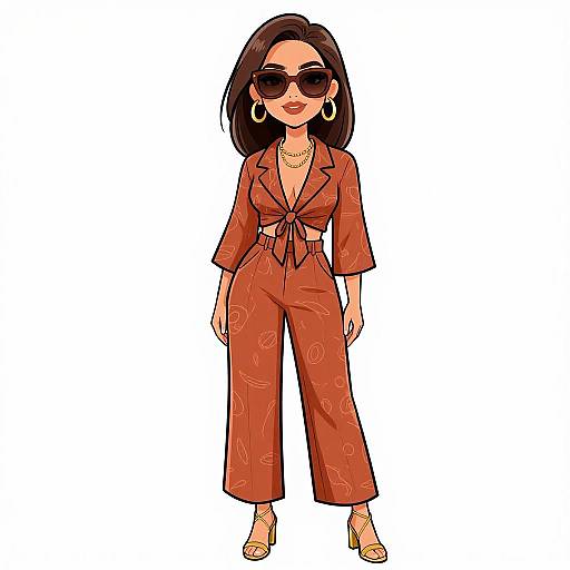 Digital illustration of a confident woman with dark hair, wearing large sunglasses, a tied orange floral jumpsuit, gold hoop earrings, necklace, and beige high