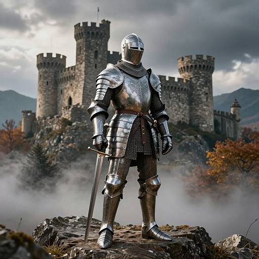 Photorealistic digital image: Armored knight in silver armor stands with sword on rocky ground, towering medieval castle with misty mountains and cloudy sky in