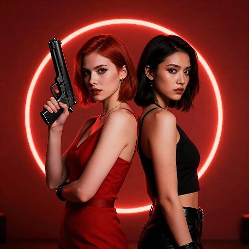 Intense Red-Lit Portrait of Dual Power