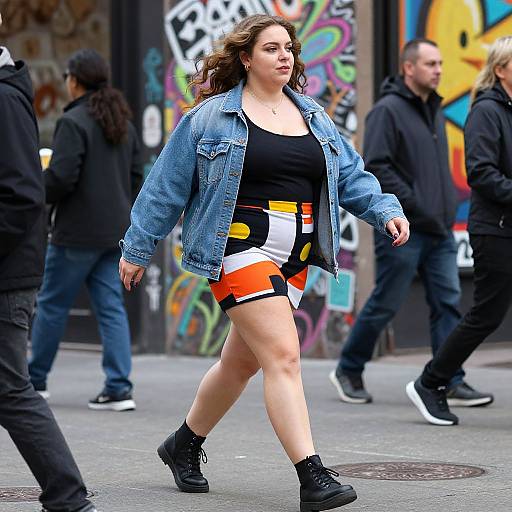 Photograph of a plus-sized woman with curly brown hair, wearing a denim jacket, black top, and colorful shorts, walking on a graffiti-covered urban