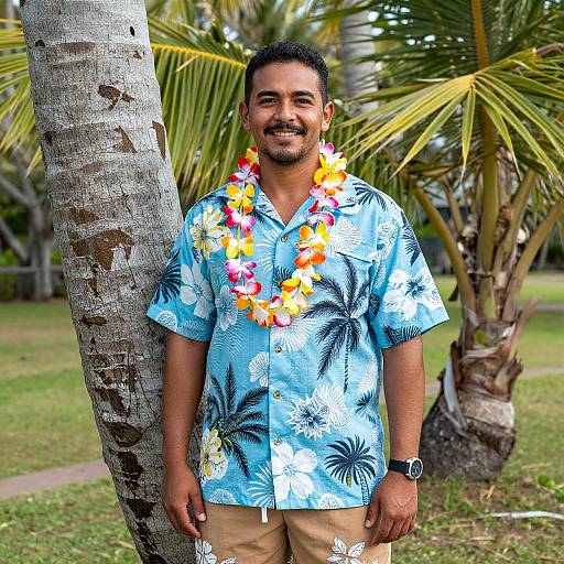 Smiling Hawaiian Man in Tropical Attire