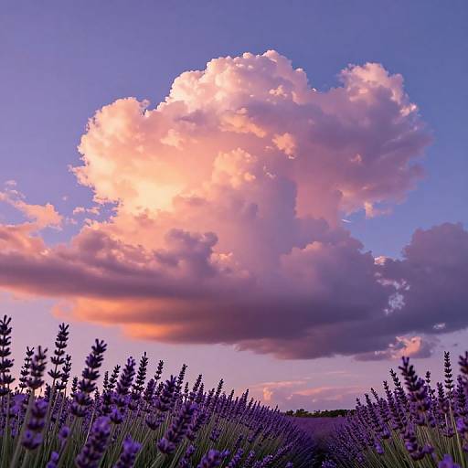 Photograph of a vibrant lavender field at sunset, with a large pink and orange cloud dominating the blue sky.