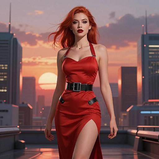 Confident Woman in Futuristic Cityscape