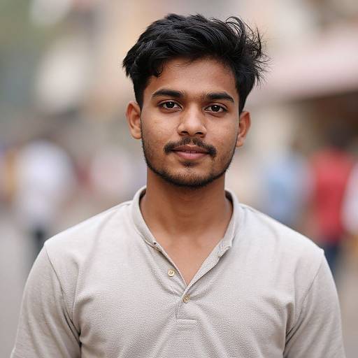 Photograph of a young Indian man with medium brown skin, black hair, trimmed mustache, and brown eyes, wearing a white polo shirt, standing