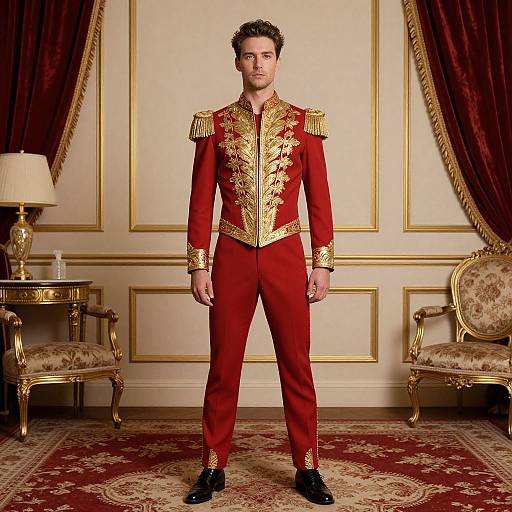 Photograph of a young man with short brown hair, standing in an opulent room, wearing a red and gold ornate military-style jacket and pants