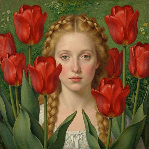 Digital painting of a fair-skinned, red-haired girl with braided hair surrounded by vivid red tulips, set against a lush green background.