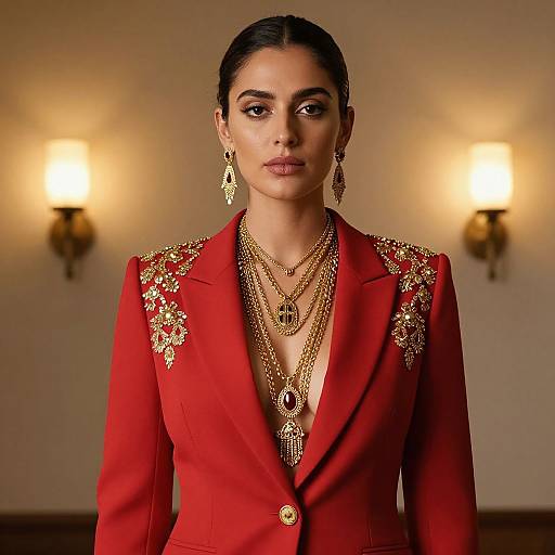 Confident Woman in Embellished Red Blazer
