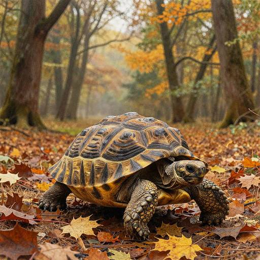 Ancient Tortoise in Autumn Forest
