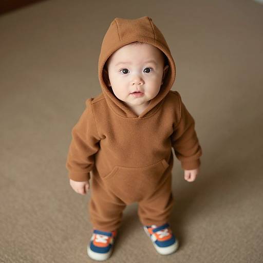 Adorable Baby in Brown Hooded Outfit