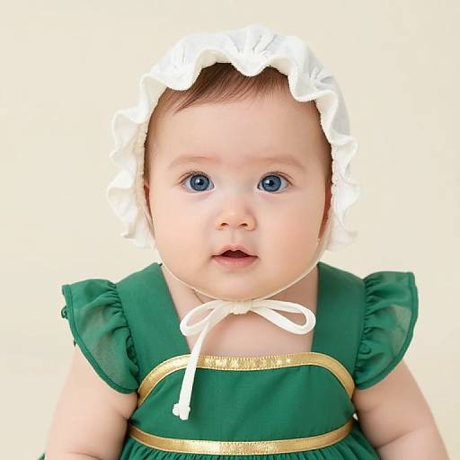 Photograph of a baby with blue eyes, wearing a green dress with gold trim and white bow, and a white lace headband.