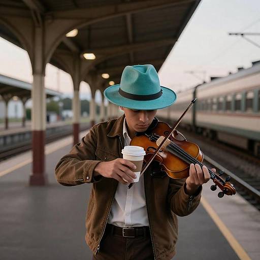 Traveling Violinist on Dusk Platform