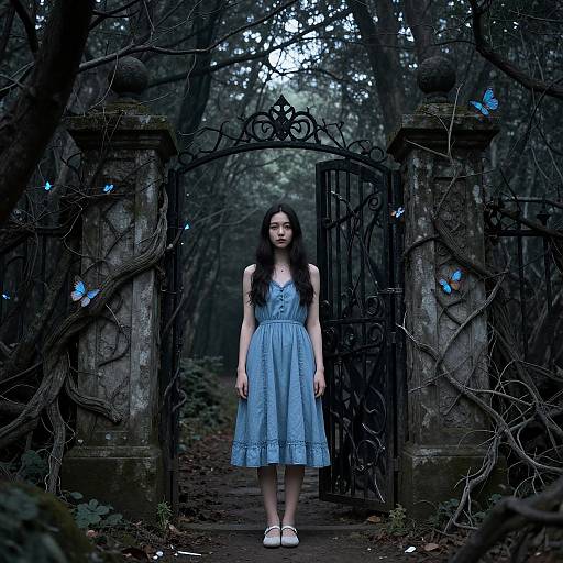 Photograph of a pale, long-haired girl in a blue dress, standing in a dark, eerie forest gateway with blue butterflies.