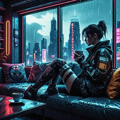 Cyberpunk Woman Drinking Coffee by Rainy Window