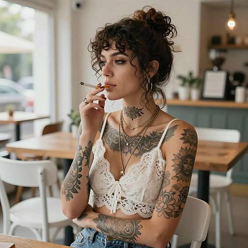 Tattooed Woman in Bright Café