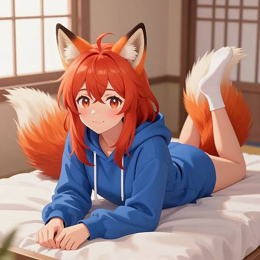 Anime-style digital drawing of a red-haired fox girl with orange fox ears and tail, wearing a blue hoodie, lying on a bed, smiling, with