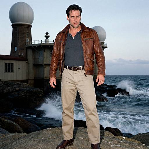 Photograph of a rugged, dark-haired man in a brown leather jacket, black shirt, beige pants, standing on rocky coast with waves and lighthouse