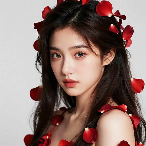 Elegant Woman with Red Petals Portrait