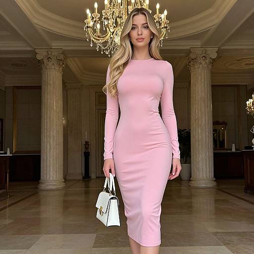 Blonde in Tight Pink Midi Dress