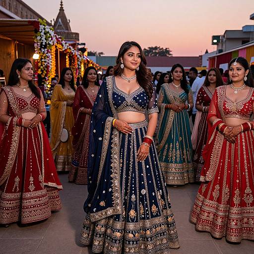 Photograph of Indian women in vibrant, ornate traditional lehengas with gold embroidery, standing in a festive evening outdoor setting, illuminated by warm,