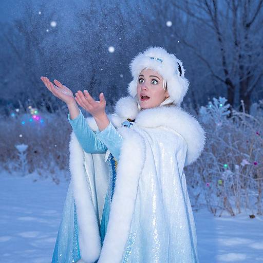 Photograph of a young woman in a white, furry winter coat and hat, standing in a snowy forest, joyfully catching falling snowflakes with