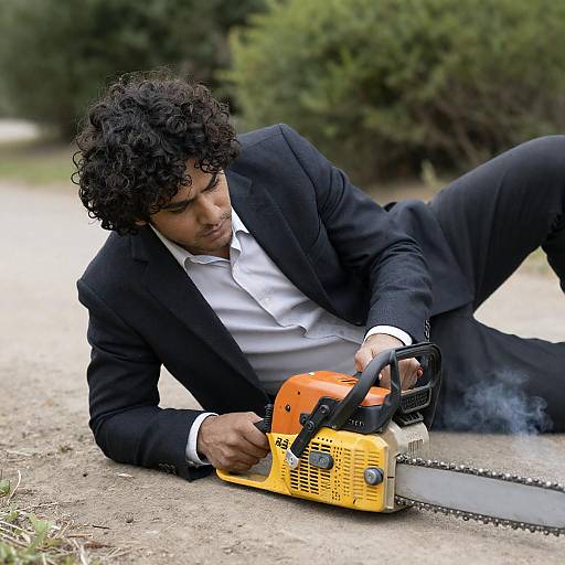 Intense Man with Chainsaw in Nature