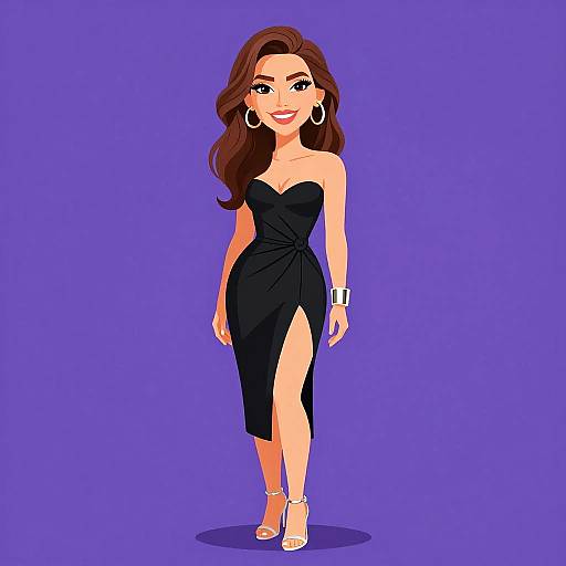 Digital illustration of a smiling woman with long brown hair, wearing a black strapless dress with a high slit, white sandals, large earrings, and a