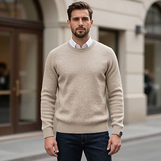 Photograph of a handsome, bearded man with short brown hair, wearing a beige knit sweater over a white shirt, black jeans, and a watch