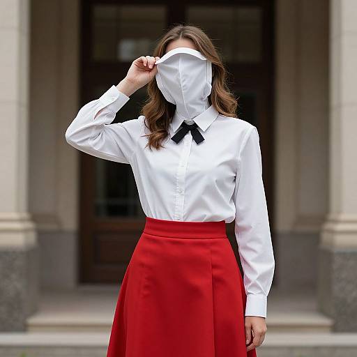 Photograph of a woman in a white button-up shirt and red skirt, wearing a white mask, standing in front of a building. She adjusts her