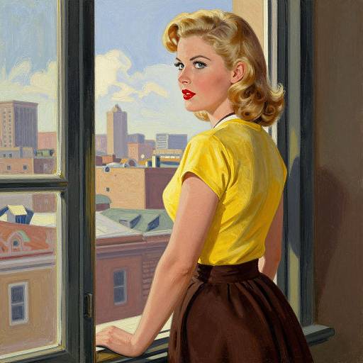 Vintage-style digital painting of a blonde woman in a yellow blouse and brown skirt, looking out a window at a city skyline.