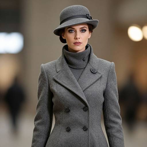 Photograph of a confident woman in a gray, double-breasted coat and matching hat, standing in a blurred city street.
