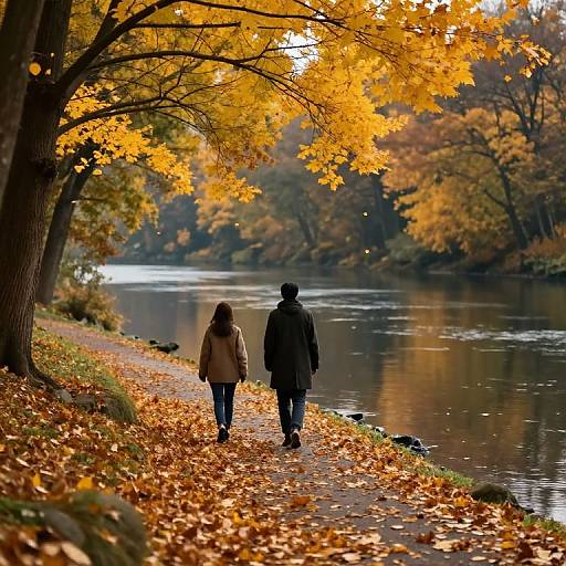 Photograph of a couple walking along a leaf-covered path beside a calm river, surrounded by vibrant autumn trees with golden-yellow leaves.