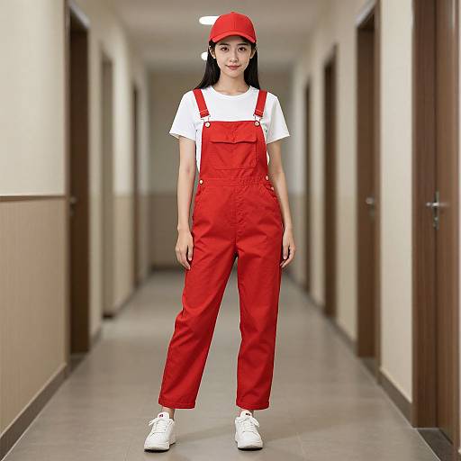 Photograph of a young woman with long black hair, wearing a red cap, white t-shirt, red overalls, and white sneakers, standing in