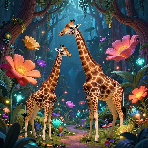 Digital art of two giraffes with orange and brown patterns standing in a vibrant, enchanted forest filled with glowing flowers and bioluminescent plants.