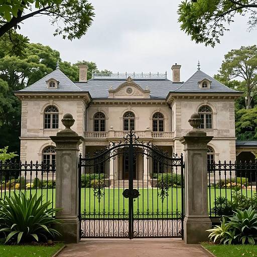 Photograph of a grand, cream-colored, French-style mansion with a gray slate roof, arched windows, and ornate black iron gate, surrounded
