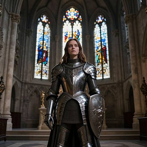 Photograph of a young woman with long brown hair in full medieval armor, standing confidently in a grand Gothic cathedral with colorful stained glass windows.