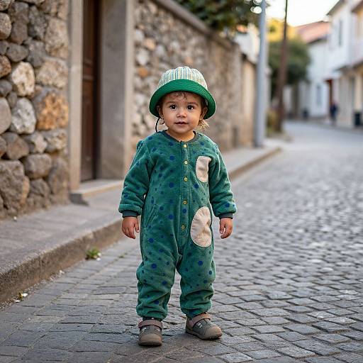 Photograph of a young child with dark hair wearing a green, patterned onesie, green hat, and brown shoes, standing on a cobble