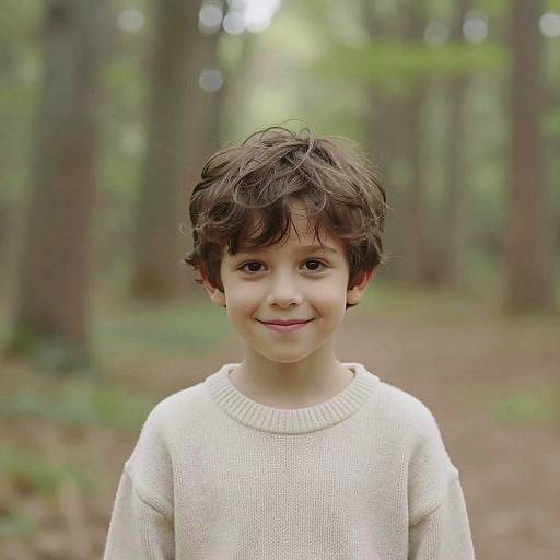 Photograph of a young boy with curly brown hair, wearing a beige sweater, smiling in a blurred forest background.