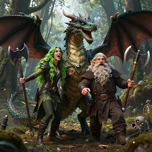 Fantasy Adventurers with Dragon in Mystical Forest