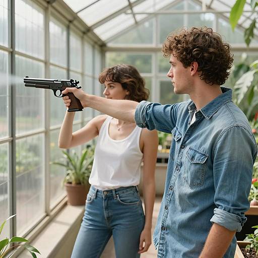 Man and Woman Practicing Shooting in Greenhouse