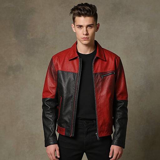 Photograph of a young Caucasian man with short, styled brown hair, wearing a red and black leather jacket over a black shirt, standing against a textured